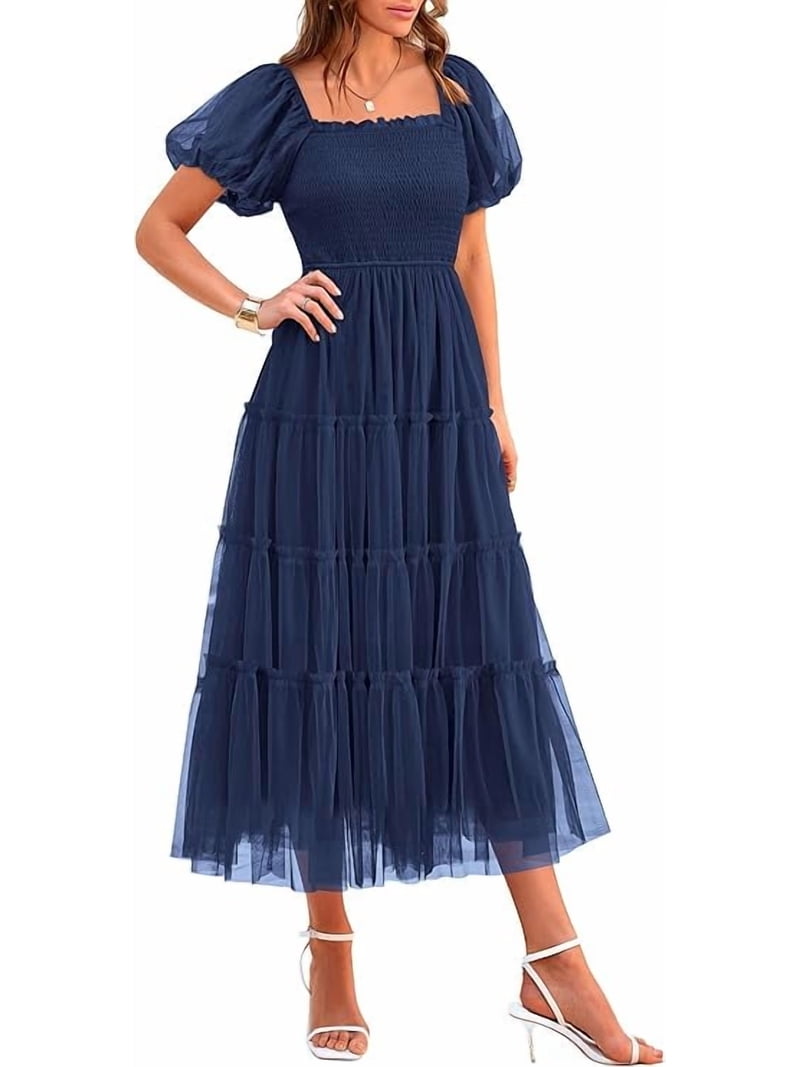 Prettygarden Women's Smocked Tulle Midi Dress Summer Square Neck Puffy Short Sleeve Ruffle Wedding Guest Party Dresses, Size: Small, Blue