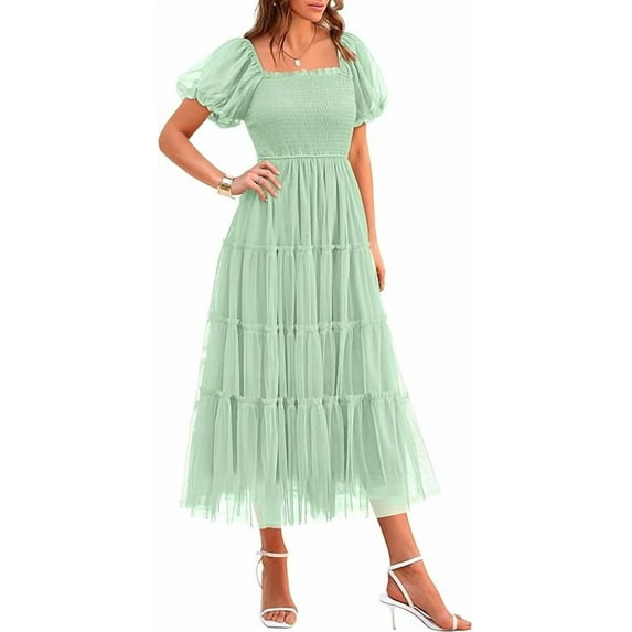 PRETTYGARDEN Women's Smocked Tulle Midi Dress Summer Square Neck Puffy Short Sleeve Ruffle Wedding Guest Party Dresses