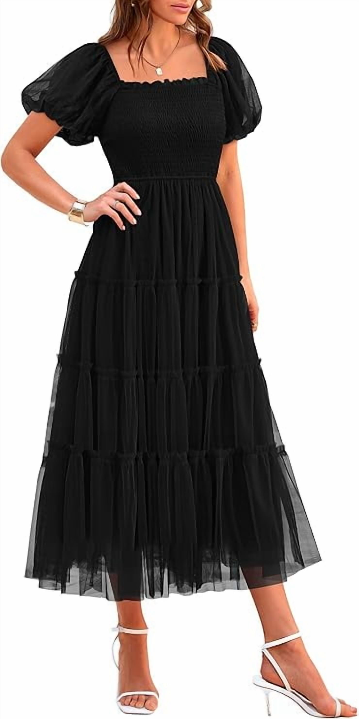 Women’s Midi Dress Puff Sleeve Square Neck Summer Dress