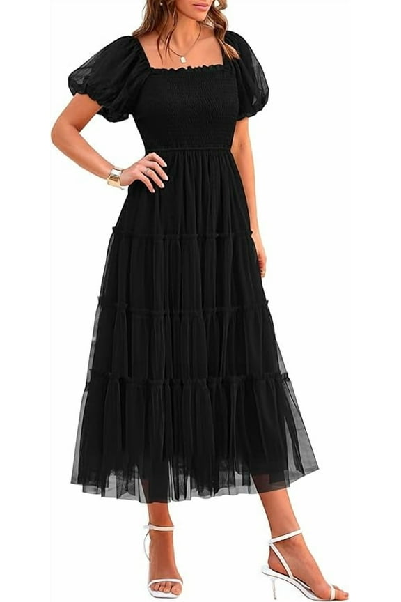 Women's Smocked Tulle Midi Dress Summer Square Neck Puffy Short Sleeve Ruffle Wedding Guest Party Dresses