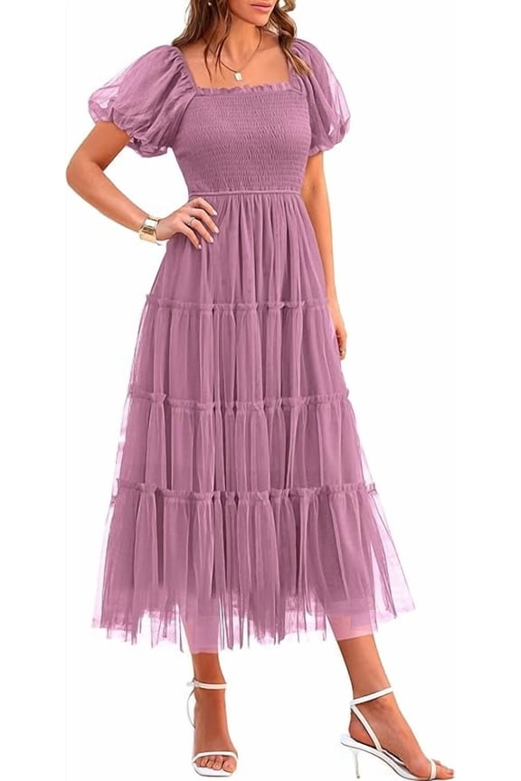 Women's Smocked Tulle Midi Dress Summer Square Neck Puffy Short Sleeve Ruffle Wedding Guest Party Dresses