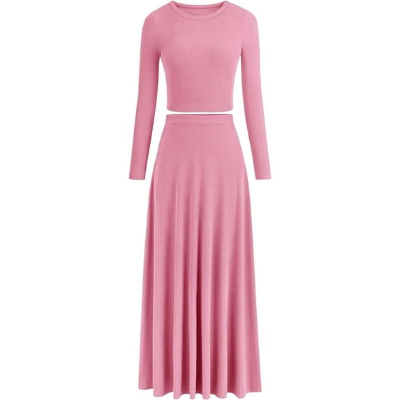 PRETTYGARDEN Women's Spring 2 Piece Outfits Dressy Casual Ribbed Knit Long Sleeve Crop Tops Maxi Flowy Skirts Matching Sets
