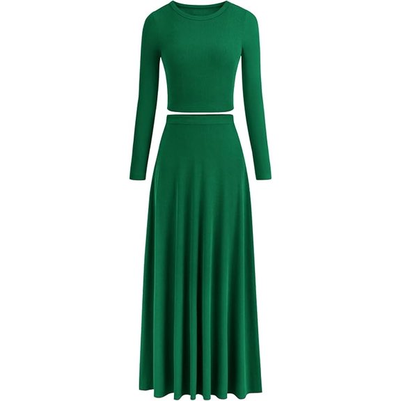 PRETTYGARDEN Women's Spring 2 Piece Outfits Dressy Casual Ribbed Knit Long Sleeve Crop Tops Maxi Flowy Skirts Matching Sets