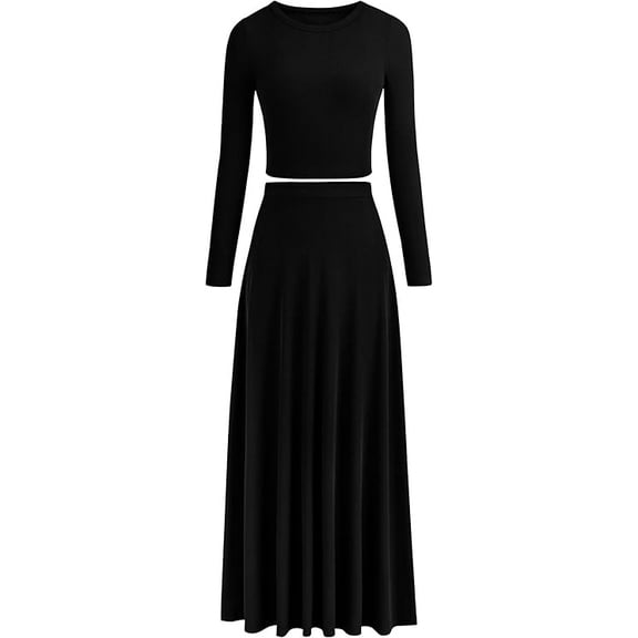 PRETTYGARDEN Women's Spring 2 Piece Outfits Dressy Casual Ribbed Knit Long Sleeve Crop Tops Maxi Flowy Skirts Matching Sets