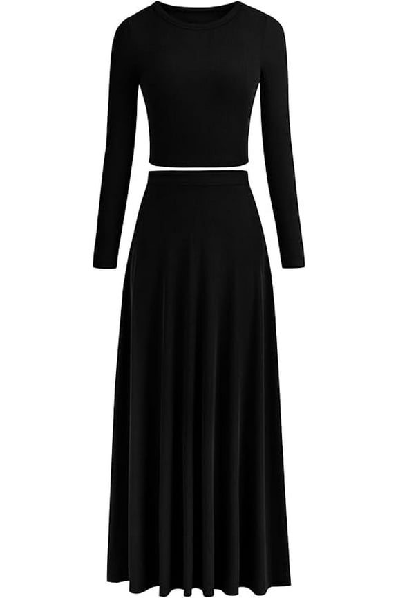 Women's Spring 2 Piece Outfits Dressy Casual Ribbed Knit Long Sleeve Crop Tops Maxi Flowy Skirts Matching Sets