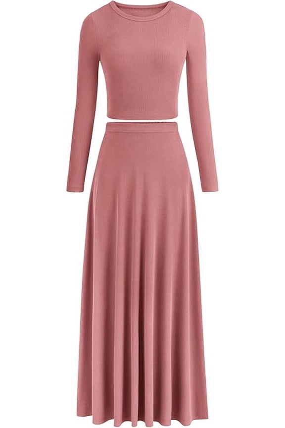 Women's Spring 2 Piece Outfits Dressy Casual Ribbed Knit Long Sleeve Crop Tops Maxi Flowy Skirts Matching Sets