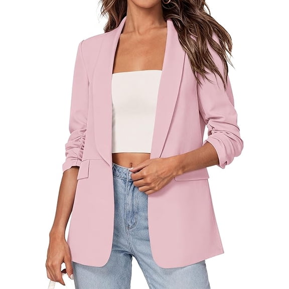 PRETTYGARDEN Women's Spring Blazers Business Casual Outfits Open Front Ruched 3/4 Sleeve Lightweight Work Suits Jackets