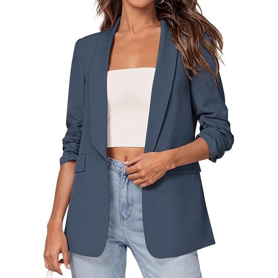 PRETTYGARDEN Women's Spring Blazers Business Casual Outfits Open Front Ruched 3/4 Sleeve Lightweight Work Suits Jackets