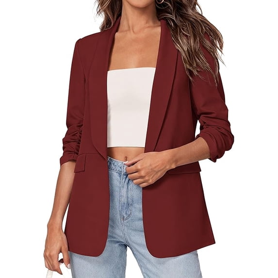 PRETTYGARDEN Women's Spring Blazers Business Casual Outfits Open Front Ruched 3/4 Sleeve Lightweight Work Suits Jackets