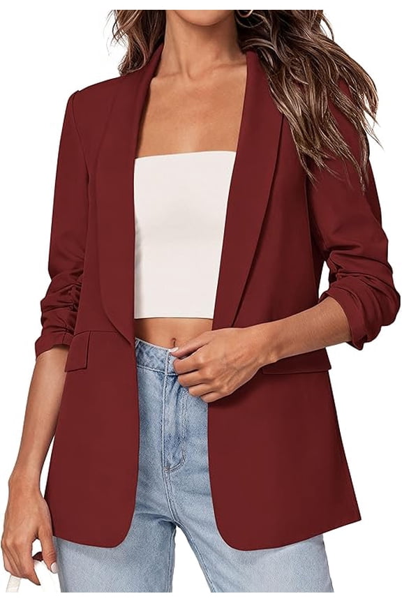 Women's Spring Blazers Business Casual Outfits Open Front Ruched 3/4 Sleeve Lightweight Work Suits Jackets