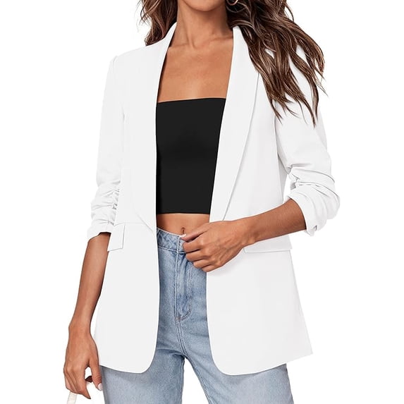 PRETTYGARDEN Women's Spring Blazers Business Casual Outfits Open Front Ruched 3/4 Sleeve Lightweight Work Suits Jackets