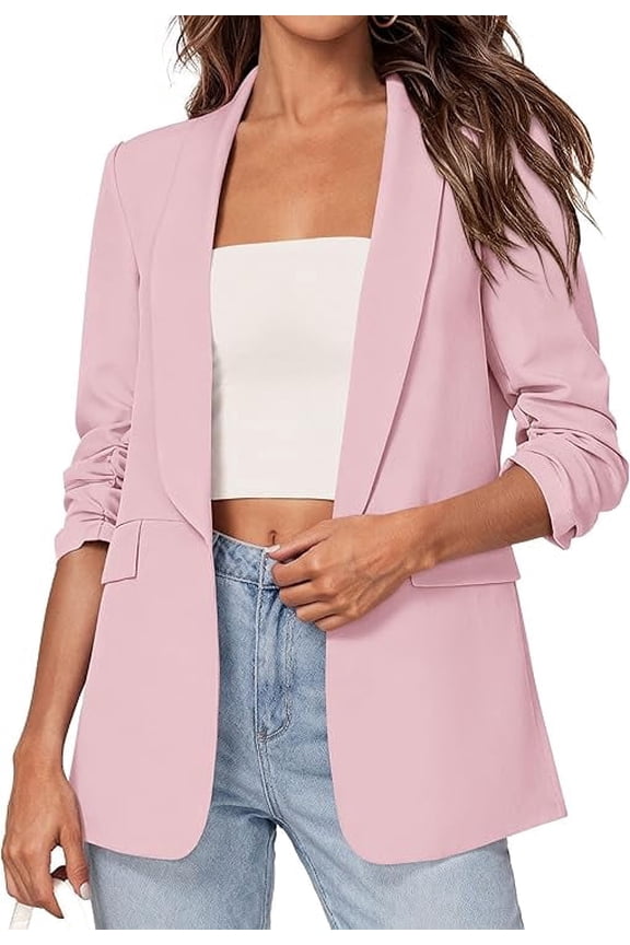 Women's Spring Blazers Business Casual Outfits Open Front Ruched 3/4 Sleeve Lightweight Work Suits Jackets