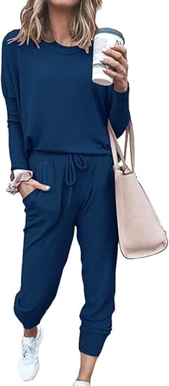 Women's Spring Fall 2 Piece Lounge Outfit Long Sleeve Crewneck Pullover Tops High Waisted Pants Set Tracksuit