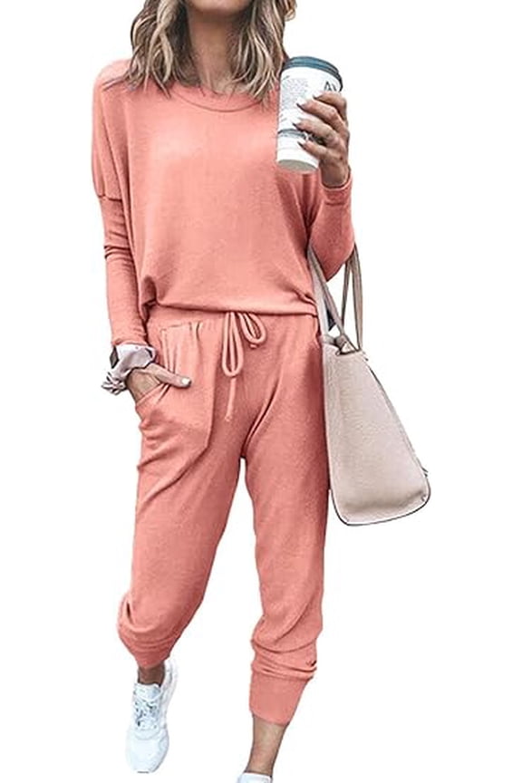 Women's Spring Fall 2 Piece Lounge Outfit Long Sleeve Crewneck Pullover Tops High Waisted Pants Set Tracksuit