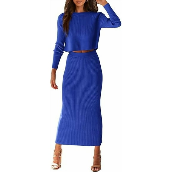 PRETTYGARDEN Women's Spring Fall 2 Piece Sweater Set Rib Knit Long Sleeve Crop Top Maxi Bodycon Skirt Casual Winter Outfits