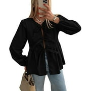 PRETTYGARDEN Women's Spring Fall Babydoll Peplum Blouse Shirt Puff Long Sleeve Bow Tie Front Trendy Cute Y2K Going Out Tops