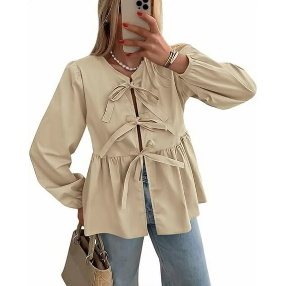 PRETTYGARDEN Women's Spring Fall Babydoll Peplum Blouse Shirt Puff Long Sleeve Bow Tie Front Trendy Cute Y2K Going Out Tops