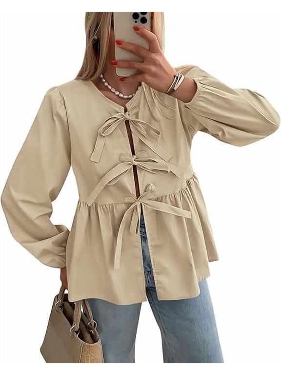 Women's Spring Fall Babydoll Peplum Blouse Shirt Puff Long Sleeve Bow Tie Front Trendy Cute Y2K Going Out Tops