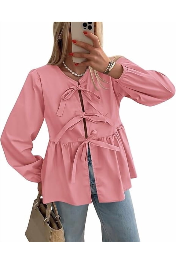 Women's Spring Fall Babydoll Peplum Blouse Shirt Puff Long Sleeve Bow Tie Front Trendy Cute Y2K Going Out Tops