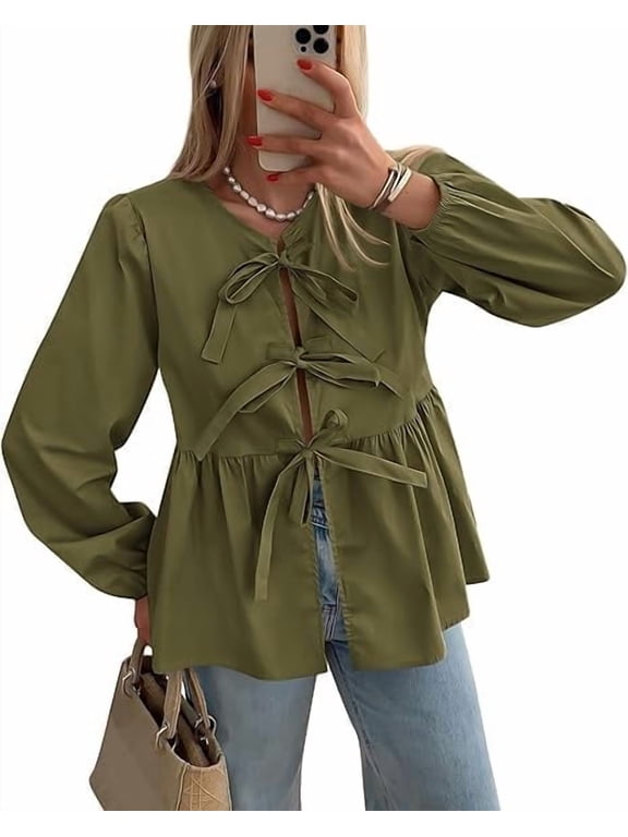 Women's Spring Fall Babydoll Peplum Blouse Shirt Puff Long Sleeve Bow Tie Front Trendy Cute Y2K Going Out Tops