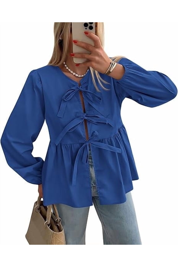 Women's Spring Fall Babydoll Peplum Blouse Shirt Puff Long Sleeve Bow Tie Front Trendy Cute Y2K Going Out Tops