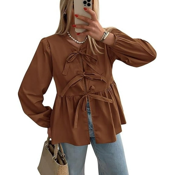 PRETTYGARDEN Women's Spring Fall Babydoll Peplum Blouse Shirt Puff Long Sleeve Bow Tie Front Trendy Cute Y2K Going Out Tops