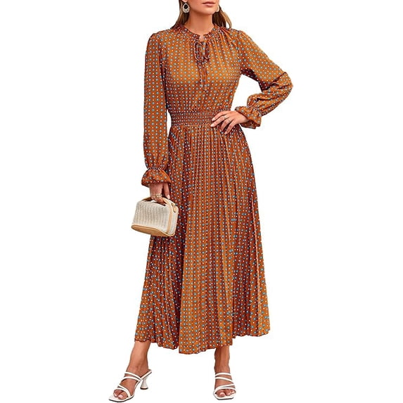 PRETTYGARDEN Women's Spring Fall Midi Dress Casual Long Sleeve V Neck Swiss Dot Pleated A Line Flowy Dresses
