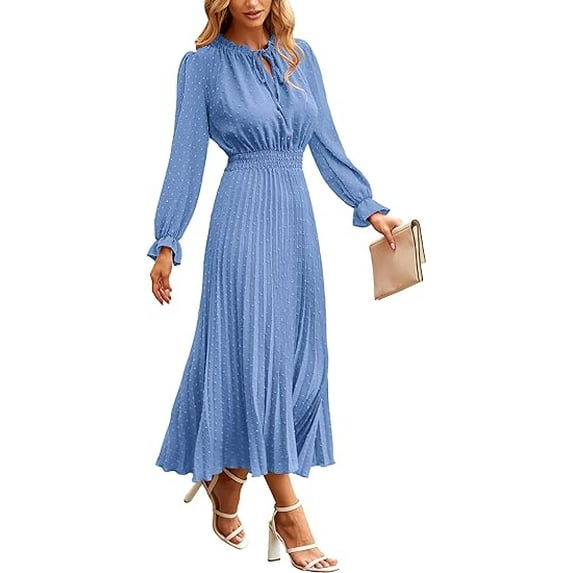 PRETTYGARDEN Women's Spring Fall Midi Dress Casual Long Sleeve V Neck Swiss Dot Pleated A Line Flowy Dresses