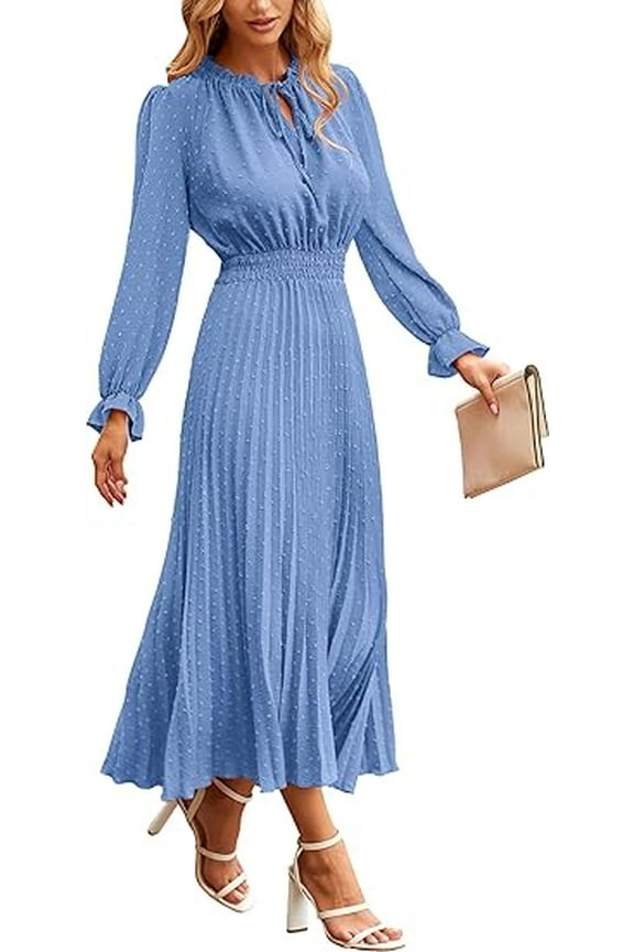 Women's Spring Fall Midi Dress Casual Long Sleeve V Neck Swiss Dot Pleated A Line Flowy Dresses
