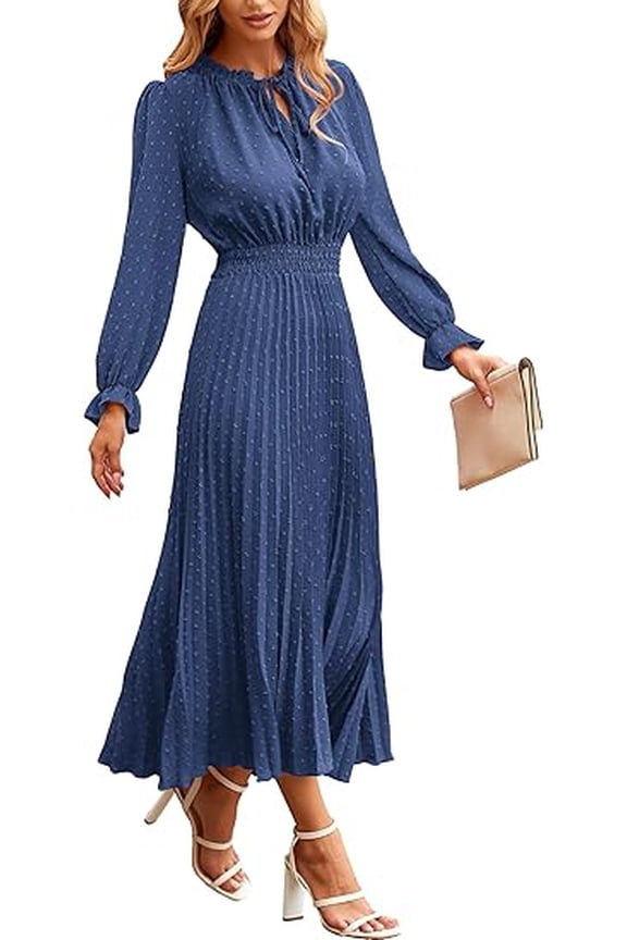 Women's Spring Fall Midi Dress Casual Long Sleeve V Neck Swiss Dot Pleated A Line Flowy Dresses