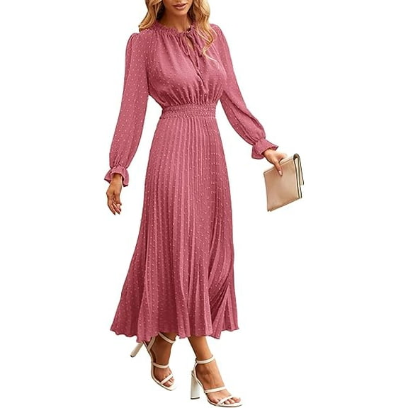 PRETTYGARDEN Women's Spring Fall Midi Dress Casual Long Sleeve V Neck Swiss Dot Pleated A Line Flowy Dresses