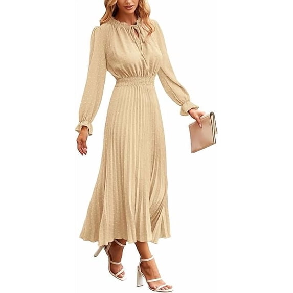 PRETTYGARDEN Women's Spring Fall Midi Dress Casual Long Sleeve V Neck Swiss Dot Pleated A Line Flowy Dresses