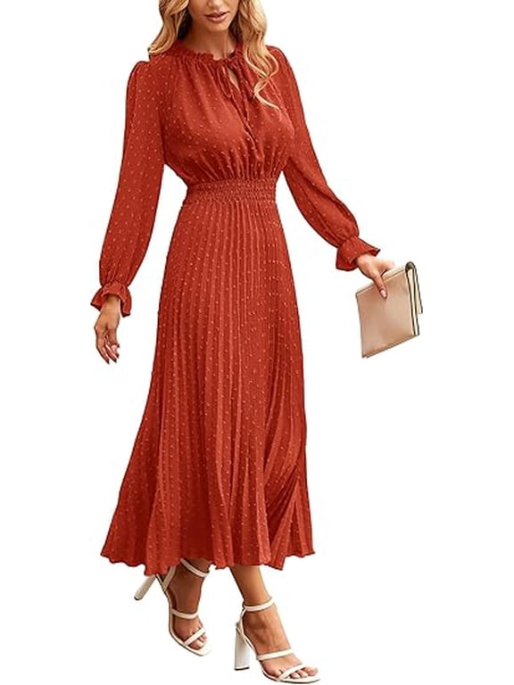 Women's Spring Fall Midi Dress Casual Long Sleeve V Neck Swiss Dot Pleated A Line Flowy Dresses