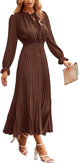 Abito Lungo Coreano In Chiffon Con Bottoni &ndash; Maniche Lunghe, Vita Alta, Pieghettato, Primavera/Autunno