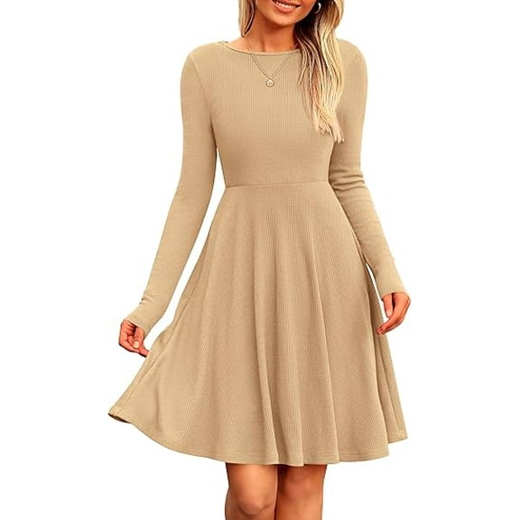 PRETTYGARDEN Women's Spring Fall Short Dress Ribbed Knit Crewneck Long Sleeve A Line Flowy Casual Elegant Going Out Dresses