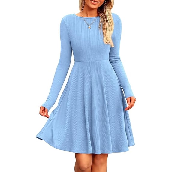 PRETTYGARDEN Women's Spring Fall Short Dress Ribbed Knit Crewneck Long Sleeve A Line Flowy Casual Elegant Going Out Dresses