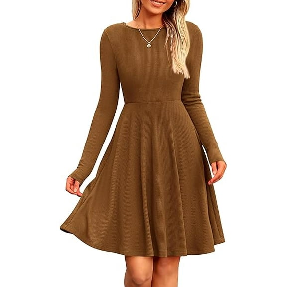 PRETTYGARDEN Women's Spring Fall Short Dress Ribbed Knit Crewneck Long Sleeve A Line Flowy Casual Elegant Going Out Dresses