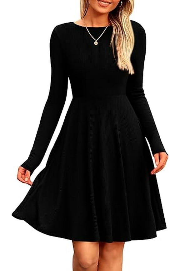Women's Spring Fall Short Dress Ribbed Knit Crewneck Long Sleeve A Line Flowy Casual Elegant Going Out Dresses