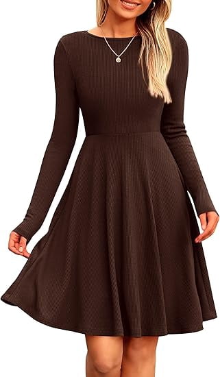 PRETTYGARDEN Women's Spring Fall Short Dress Ribbed Knit Crewneck Long  Sleeve A Line Flowy Casual Elegant Going Out Dresses