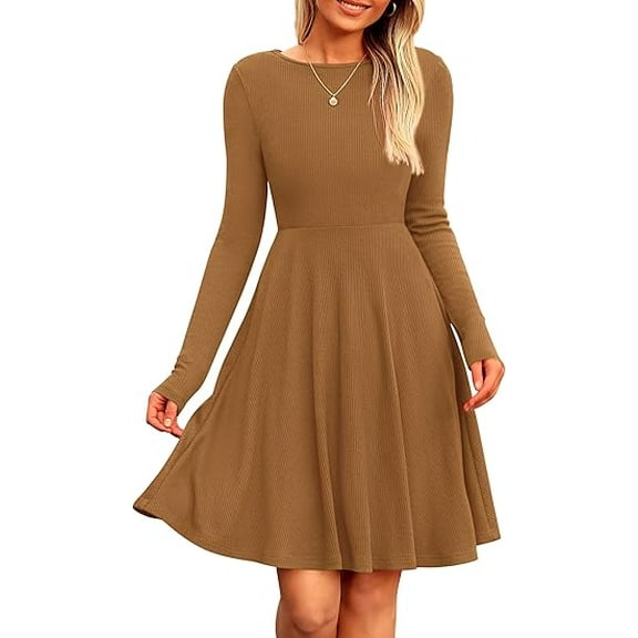 PRETTYGARDEN Women's Spring Fall Short Dress Ribbed Knit Crewneck Long Sleeve A Line Flowy Casual Elegant Going Out Dresses