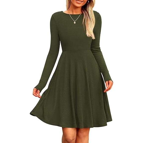 PRETTYGARDEN Women's Spring Fall Short Dress Ribbed Knit Crewneck Long Sleeve A Line Flowy Casual Elegant Going Out Dresses