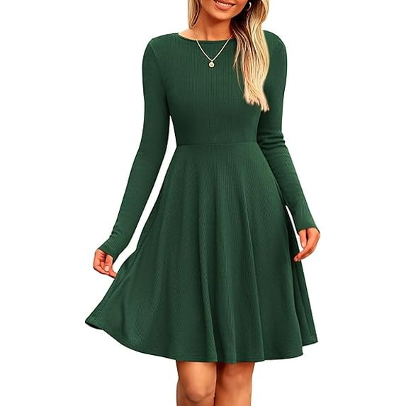 PRETTYGARDEN Women's Spring Fall Short Dress Ribbed Knit Crewneck Long Sleeve A Line Flowy Casual Elegant Going Out Dresses