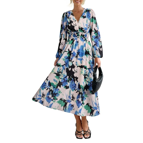 PRETTYGARDEN Women's Spring Floral Midi Dress Casual Fall V Neck Long Sleeve Flowy Beach Wedding Guest Vacation Dresses