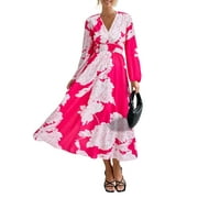 PRETTYGARDEN Women's Spring Floral Midi Dress Casual Fall V Neck Long Sleeve Flowy Beach Wedding Guest Vacation Dresses