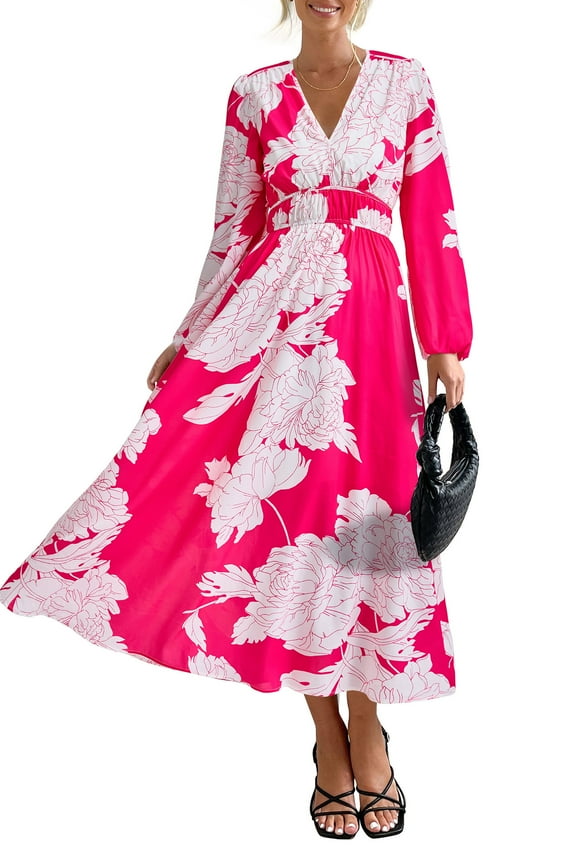 Women's Spring Floral Midi Dress Casual Fall V Neck Long Sleeve Flowy Beach Wedding Guest Vacation Dresses