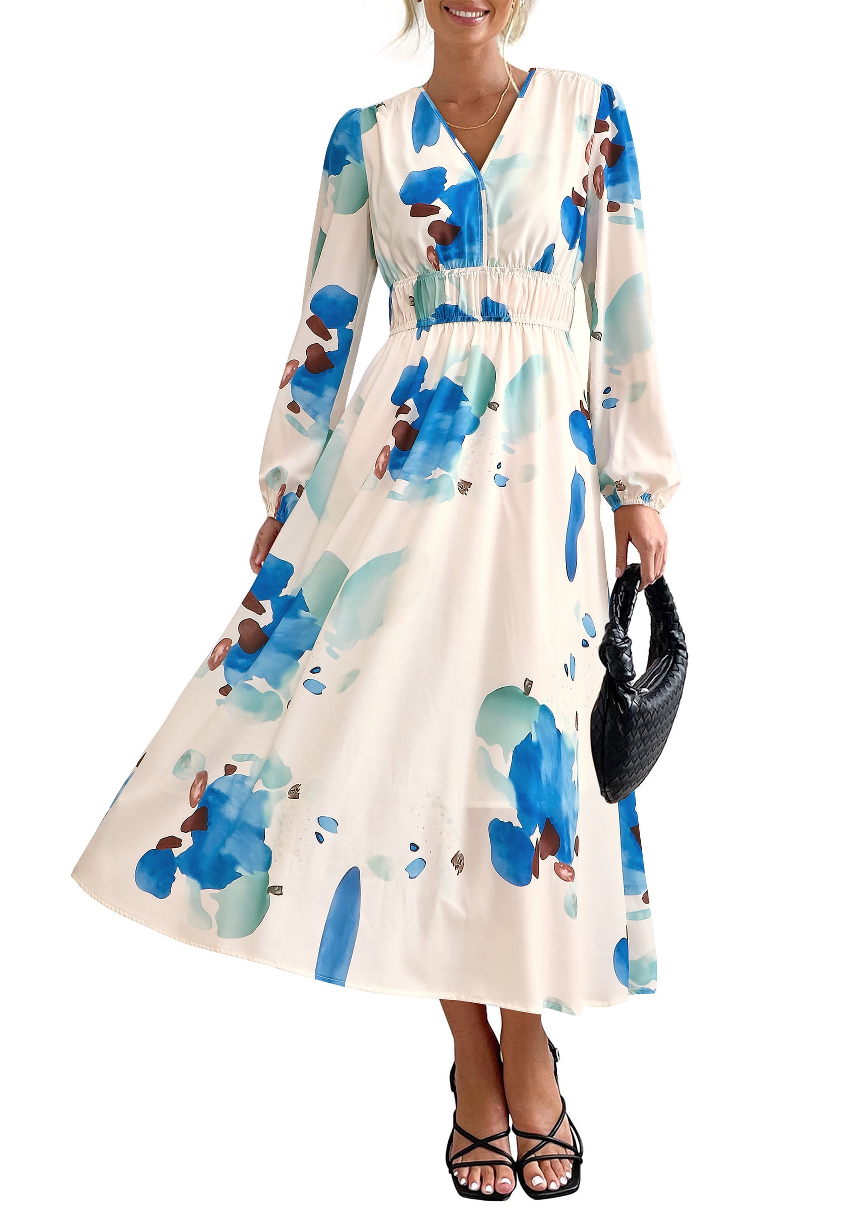 PRETTYGARDEN Women's Spring Floral Midi Dress Casual Fall V Neck Long  Sleeve Flowy Beach Wedding Guest Vacation Dresses - Walmart.com