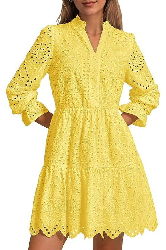 Women's Spring Long Puff Sleeve Mini Dress Hollow Out Lace V Neck A Line Ruffle Casual Party Dresses