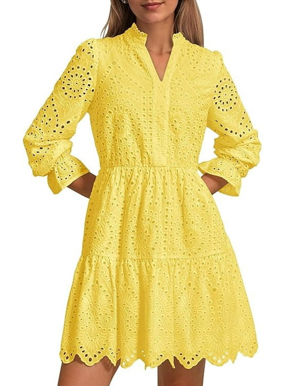 Women's Spring Long Puff Sleeve Mini Dress Hollow Out Lace V Neck A Line Ruffle Casual Party Dresses