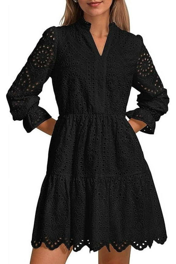 Women's Spring Long Puff Sleeve Mini Dress Hollow Out Lace V Neck A Line Ruffle Casual Party Dresses