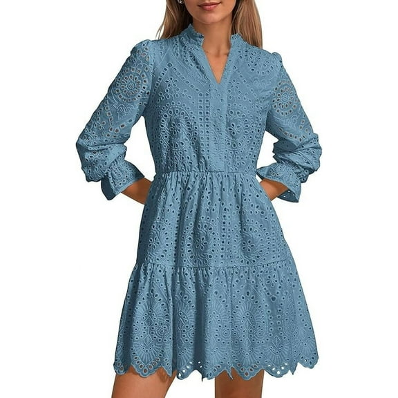 PRETTYGARDEN Women's Spring Long Puff Sleeve Mini Dress Hollow Out Lace V Neck A Line Ruffle Casual Party Dresses